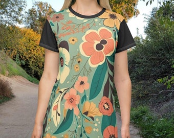 Vintage Floral T-Shirt Dress (Black, Brown or Green Sleeves)