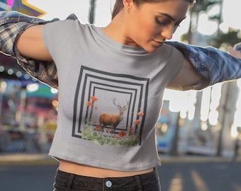 Champion Women's Heritage Cropped T-Shirt with a Framed Deer in Poppy Field