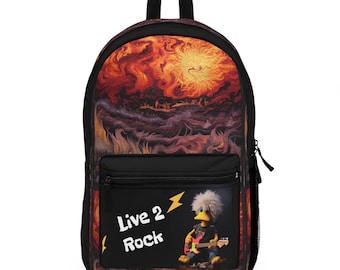 Personalize School Backpack with Duck Rocker playing Guitar and Volcanic Inferno background