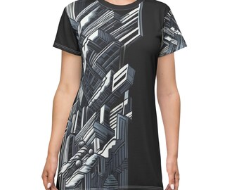 Abstract Optic Art T-Shirt Dress (Black Base)