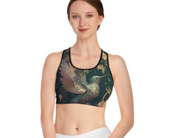 Bohemian Sports Bra with Hummingbird Design - Workout, Yoga, Fitness Apparel, Activewear