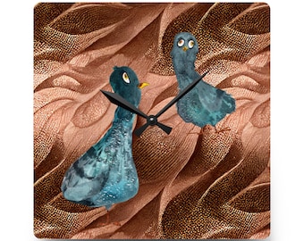 Sand Dune Acrylic Wall Clock with Cartoon Blue Pigeons (Round or Square)
