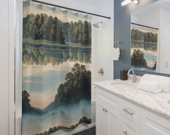 Shower Curtain with Misty River Fishing landscape watercolor print