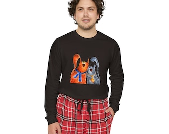 Men's Long Sleeve Pajama Set with Flannel Pants and Funny Watercolor Cats