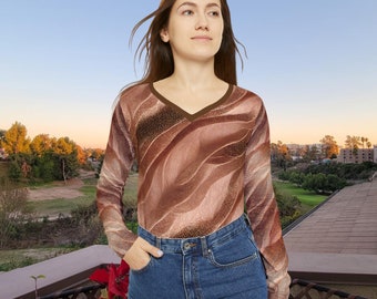 Brown and Tan Women's Long Sleeve V-neck Shirt with Shimmering Sand Dune Hills