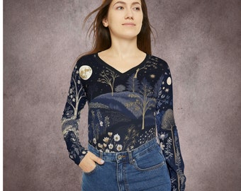 Dark Blue Women's Long Sleeve V-neck Shirt (Moonlight Garden)