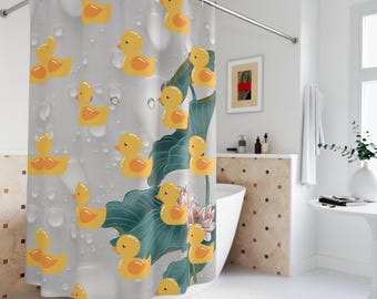 Rubber Ducks and Lotus Flower in the Rain Shower Curtain