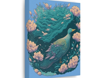 Canvas Gallery Wraps with Whimsical Duck and Lilac Hibiscus Flowers
