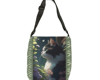Adjustable Tote Bag with Black & White Cat (side profile)