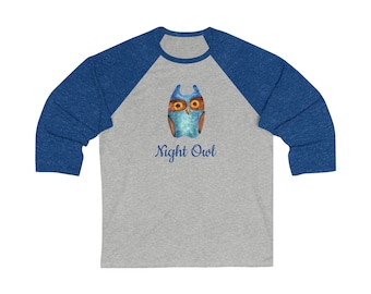 Unisex 3\4 Sleeve Baseball Tee with Blue Cartoon Owl
