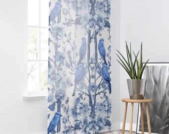 Sheer Window Curtain with Blue Birds Watercolor