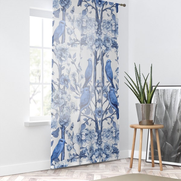 Sheer Window Curtain with Blue Birds Watercolor