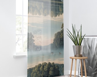 Sheer Window Curtain with Misty River Fishing Watercolor