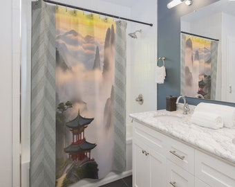 Shower Curtain with Watercolor of Mountains and Temples