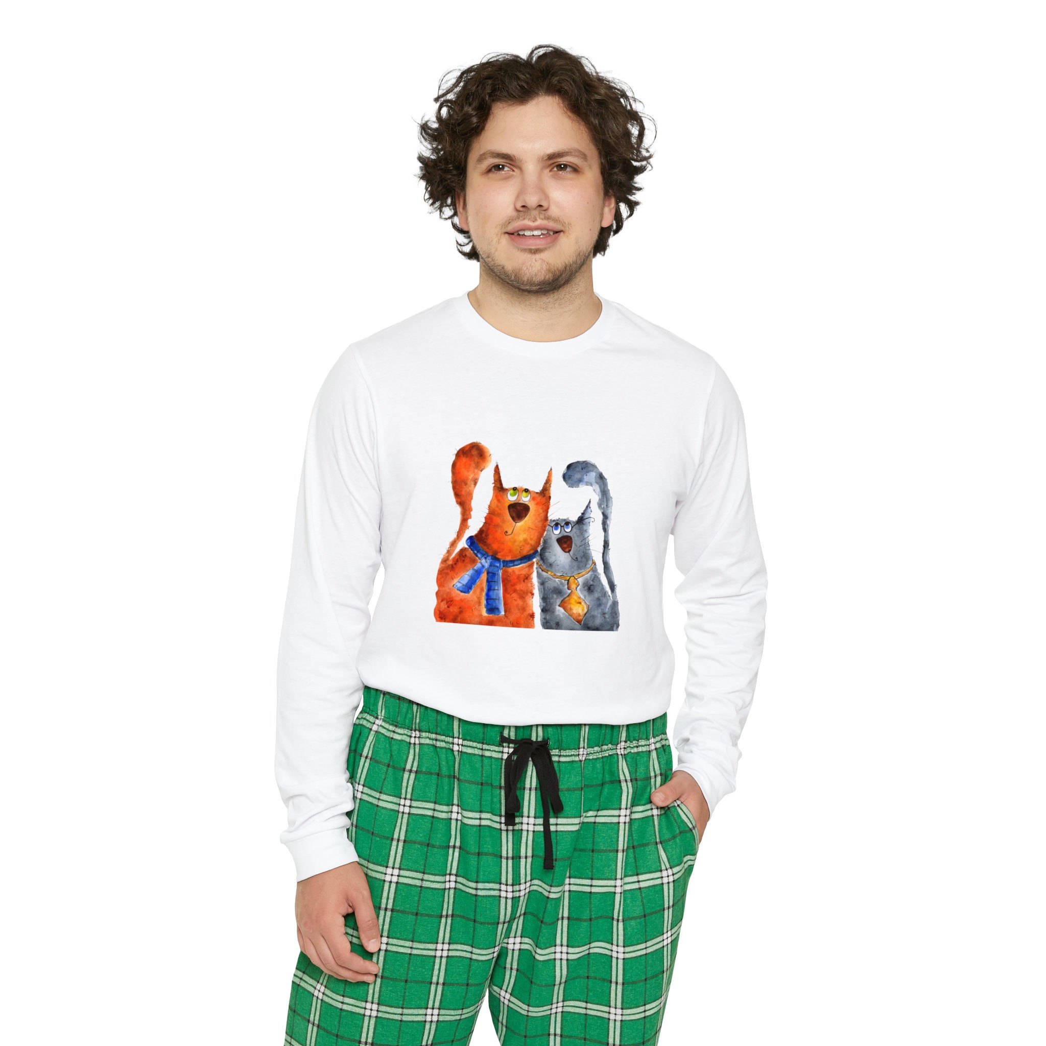 Men's Long Sleeve Pajama Set With Flannel Pants and Funny