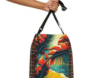 Adjustable Tartan Tote Bag with Island Palms (Personalize Option)