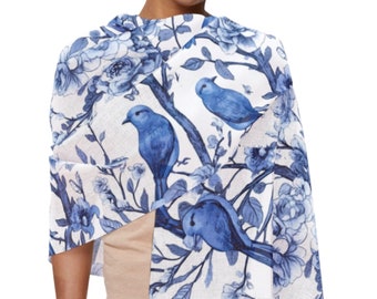 Blue Birds Chinoiserie Floral Scarf