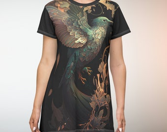 T-Shirt Dress (Fantasy Hummingbird in Flight among Golden Leaves)
