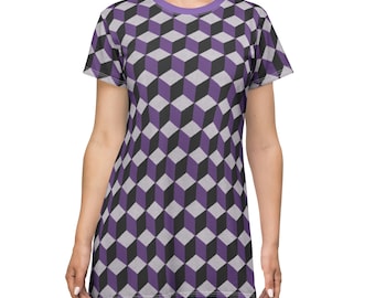 T-Shirt Dress (Purple Cube Pattern)