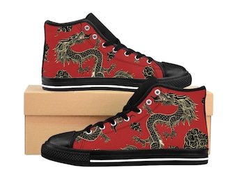 Black Dragon Motif High Top Sneakers | Red Oriental Dragon Shoes