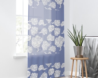Sheer Window Curtain with bands of White Puffy Clouds over Blue sky (8496CA)