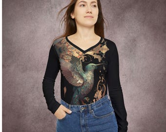 Women's Long Sleeve V-neck Shirt (Fantasy Hummingbird)