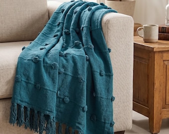 Blue Throw Blanket, Handmade Cotton Throw, Teal Blue Pom Pom Blanket, Boho Couch Throw, Decorative Sofa Blanket, Farmhouse Bed Throw