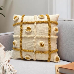 Chicken Embroidered Pillow Cover: Mustard & Ivory Cotton Throw Cushion