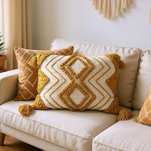 Embroidered Lumbar Pillow Cover: Chunky Loop Cotton with Tassels