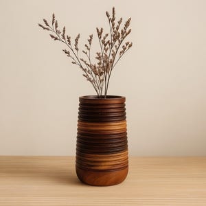 Handmade Ribbed Acacia Wood Vase: Rustic Minimalist Decor