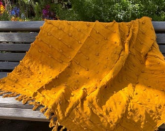Mustard Yellow Boho Throw Blanket: Handwoven Cotton Loop Texture