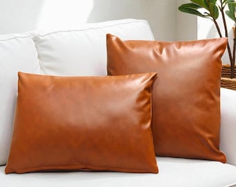 Funda de almohada de piel sintética auténtica color canela: Cojín bohemio para sofá