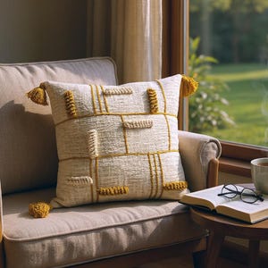Embroidered Cotton Pillow Cover: Mustard Yellow & Ivory Textured Throw Pillow