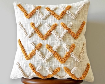 Chevron Tufted Loop Pillow Cover: Mustard & Ivory Cotton, Modern Boho