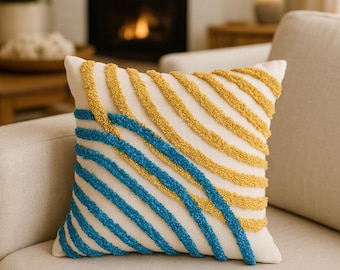 Handcrafted Boho Pillow Cover: Mustard & Teal Tufted Cotton Cushion