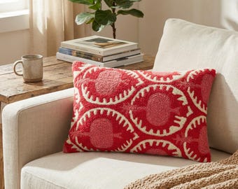 Embroidered Suzani Lumbar Pillow Cover, Red Blush Bohemian Throw, 12x20