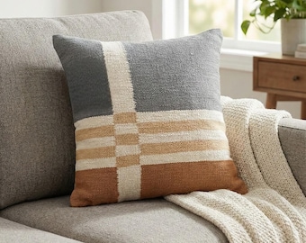 Handwoven Cushion 16x16 Decorative pillow cover Grey, Beige, Brown