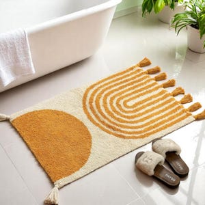 Mustard Cotton Bath Mat: Handwoven Abstract Boho Rug