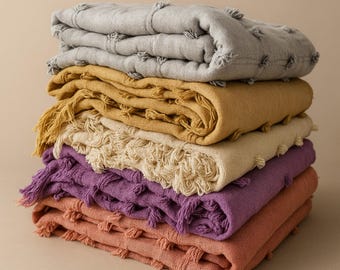 Handwoven Cotton Throw Blanket: Boho Pom Pom Decor