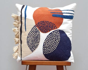 Hand Embroidered Pillow Cover | Boho Burnt Orange & Navy Cushion