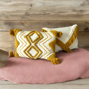 Embroidered Lumbar Pillow Cover: Boho Mustard Yellow Cotton Cushion