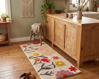 Hand Tufted Cotton Floral Runner Rug, Boho Hallway Kitchen Bath Mat