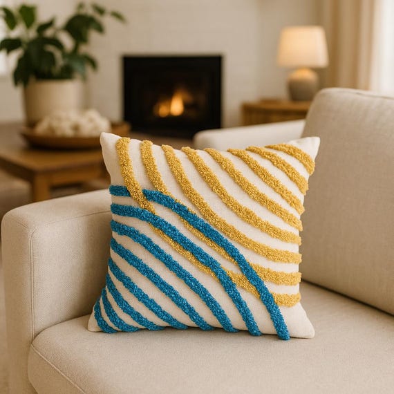 Handcrafted Boho Pillow Cover: Mustard & Teal Tufted Cotton Cushion