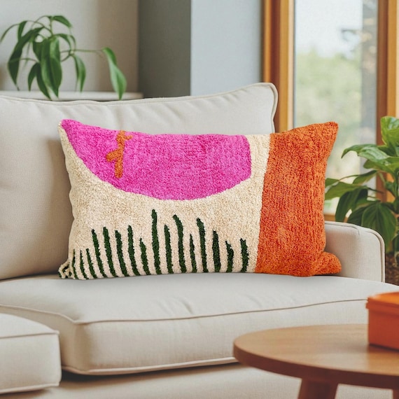 Embroidered Lumbar Pillow Cover: Boho Farmhouse Cotton Cushion