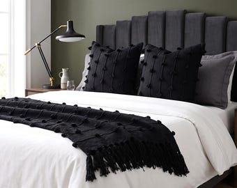 Set of 3 Black Throw Blanket and Pillow Covers | Chunky Loop Tassel Blanket Set | Black Boho Bedding Set | Woven Cushion Covers