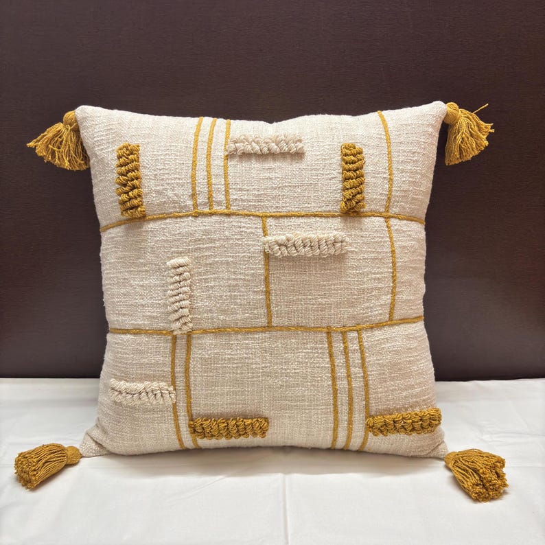 COTTON PILLOW COVER, Textured Pillow Cover, Embroidered Pillow Cover, Throw Pillow Cover, Mustard Embroidered Cotton Textured Pillow Cover, Gift For Her