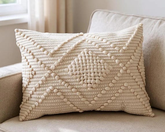 Ivory Woven Lumbar Pillow Cover: Boho Textured Cotton 16x24