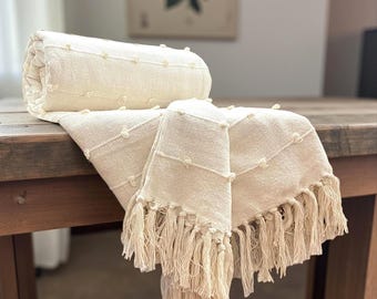 Natural Ivory Cotton Throw Blanket : Hand Woven Textured Cozy Blanket 50x70 inches