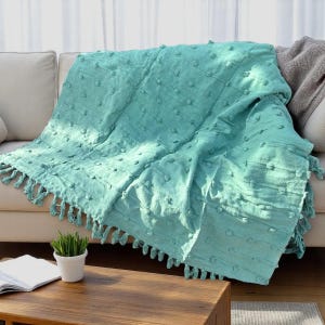 Puede incluir: Una manta turquesa con un patrón texturizado de puntos y flecos está sobre un sofá beige. La manta está hecha de un material suave y agrega un toque de color a la sala de estar de tonos neutros. Una pequeña planta y un libro están sobre una mesa de centro de madera.