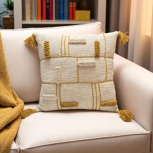 COTTON PILLOW COVER, Textured Pillow Cover, Embroidered Pillow Cover, Throw Pillow Cover, Mustard Embroidered Cotton Textured Pillow Cover, Gift For Her